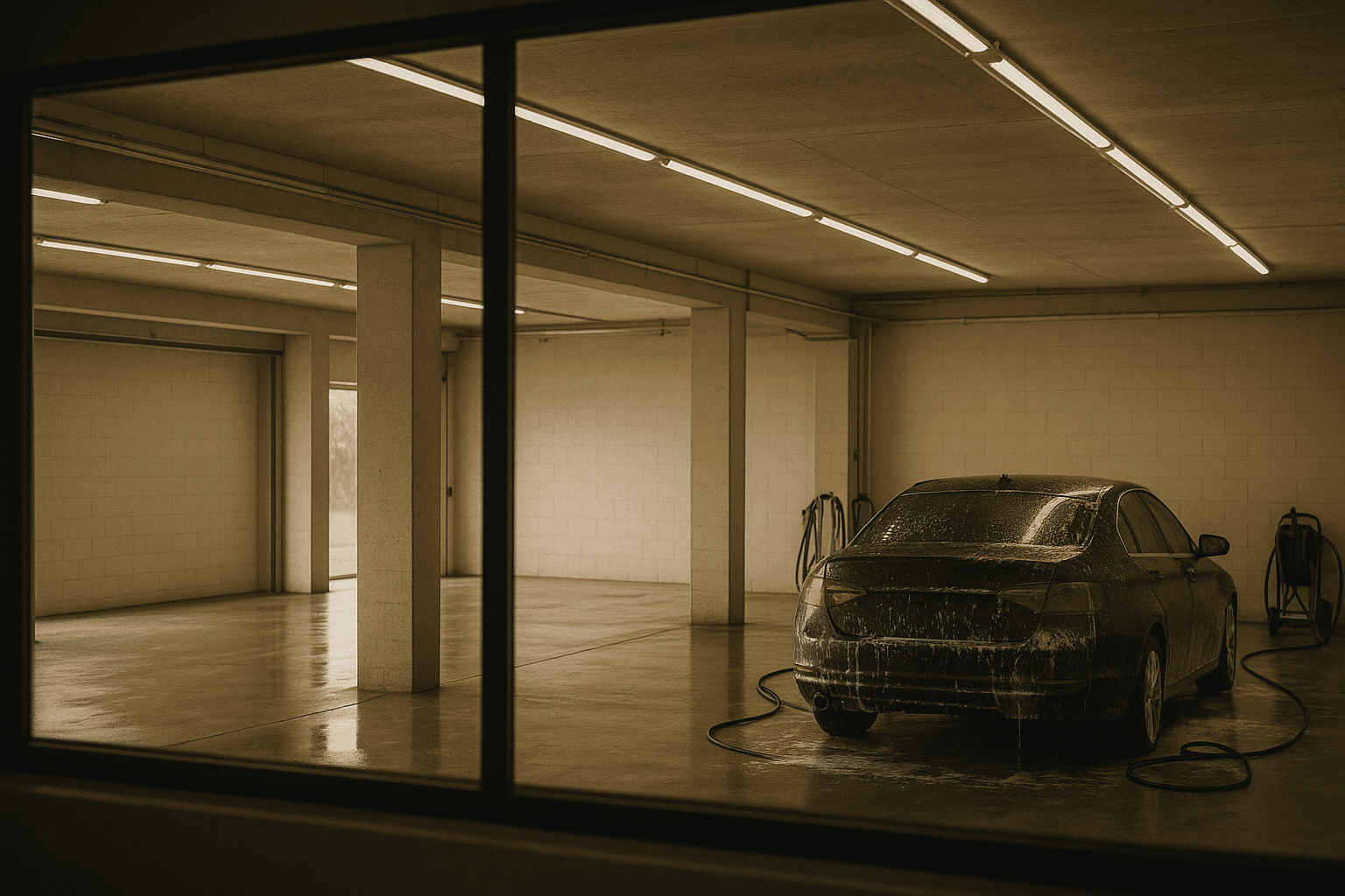 Seen through the office glass: a detailing workshop with two empty bays and a single dark car mid-wash, the hose coiled on the wet floor