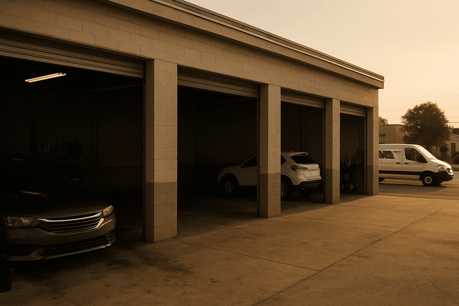 A detailing shop at dusk: three bays with cars in them, one bay standing empty, and a white van parked out front
