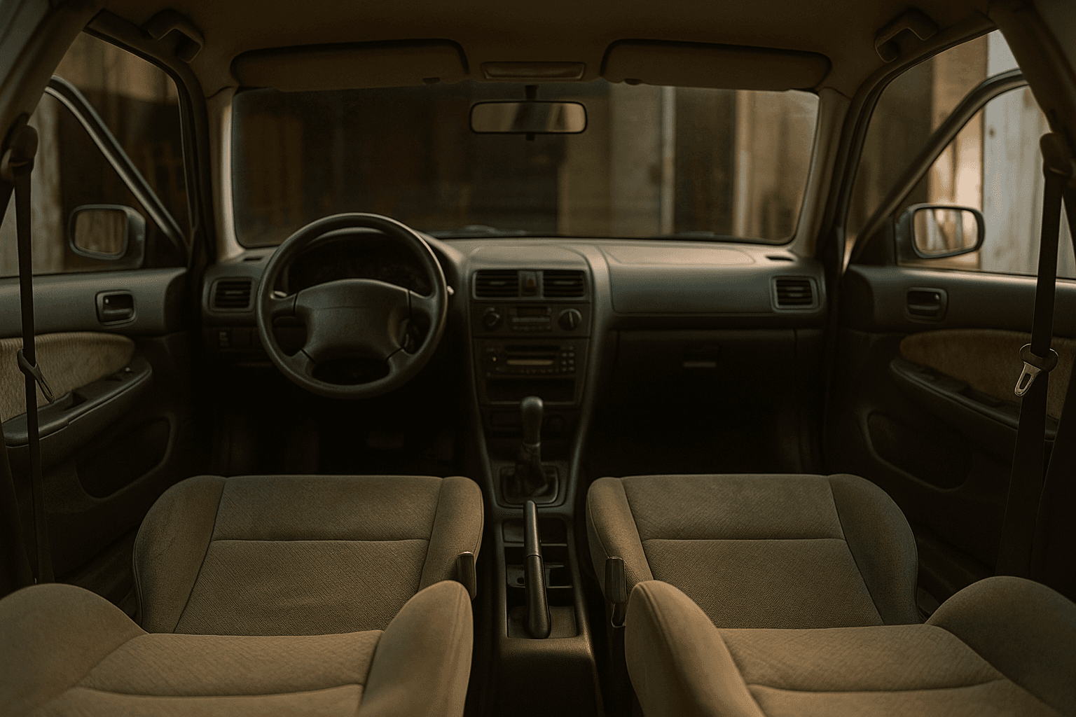 The inside of an empty car seen from the back seats, doors open onto a dim workshop, worn fabric upholstery