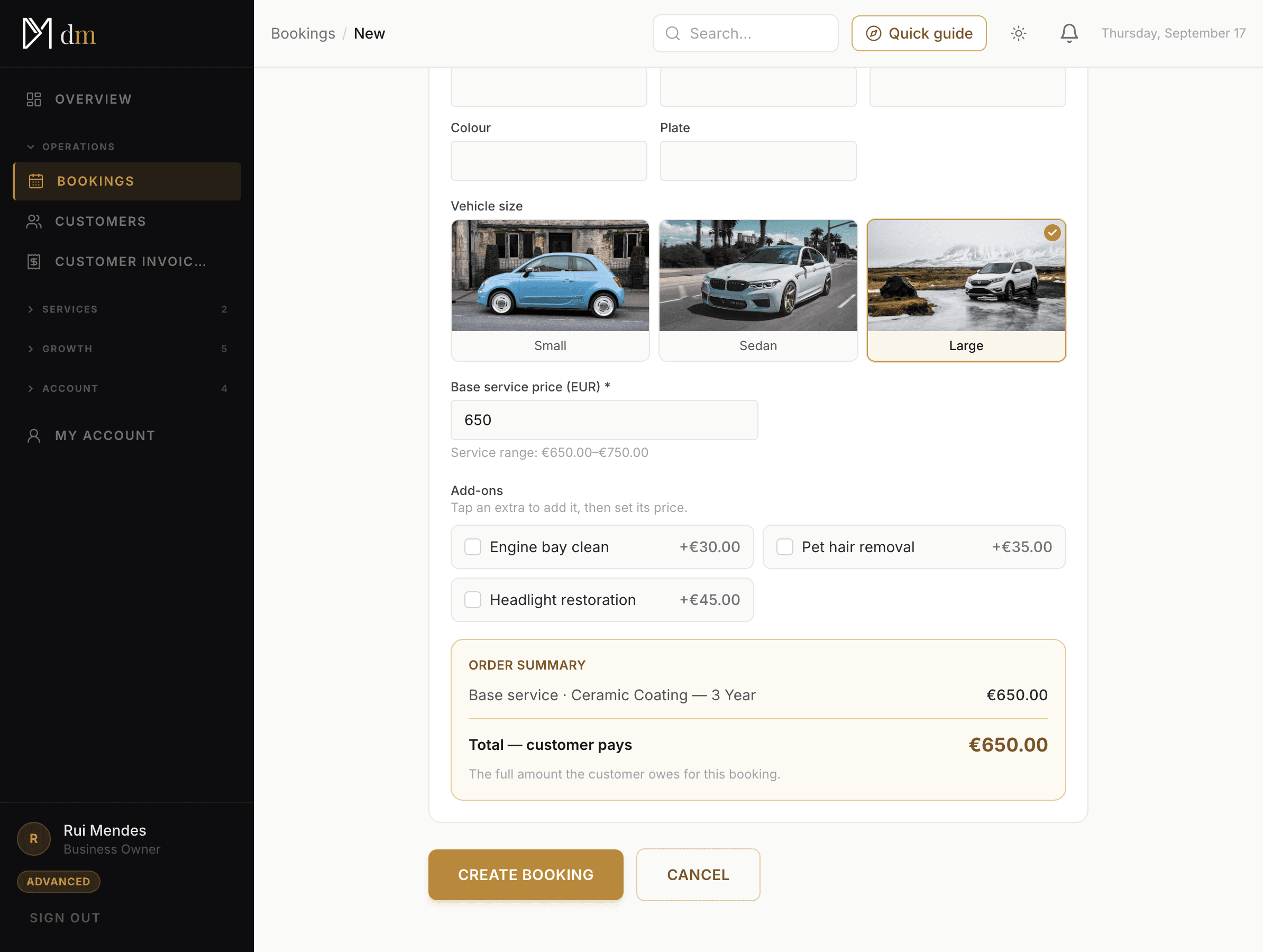 Výber veľkosti s možnosťou Veľké: základná cena je 650 € a rozsah 650–750 €.