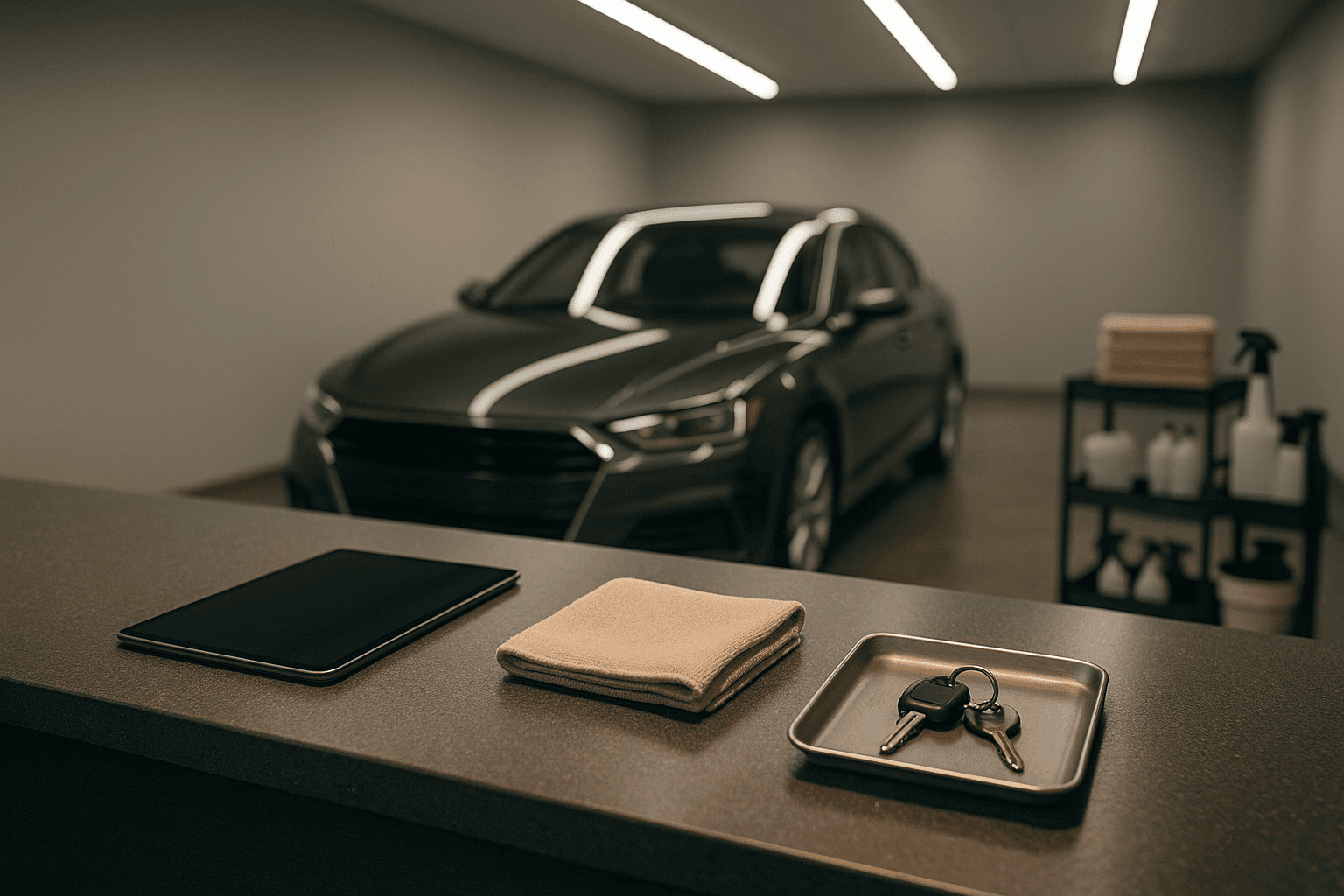El mostrador de un estudio de detailing al final del día, con una tableta, un paño de microfibra doblado y unas llaves en una bandeja; detrás, desenfocado, un coche terminado.