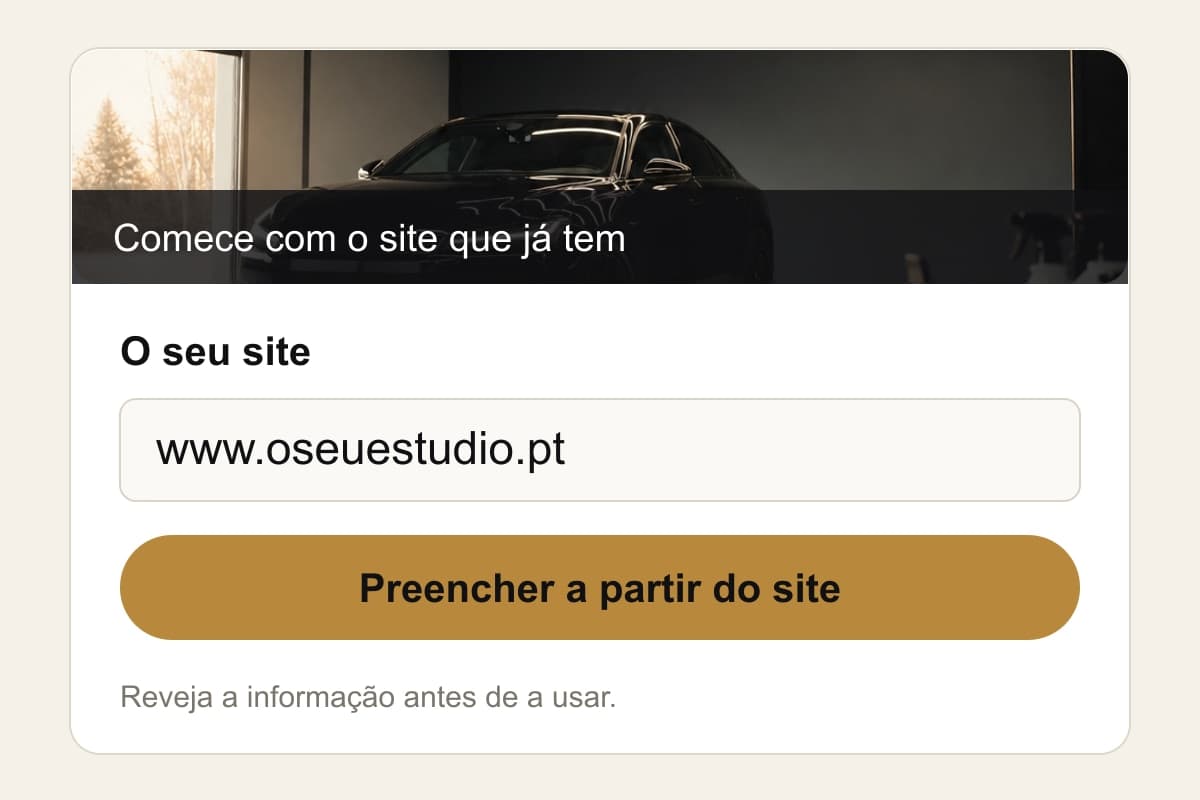 Ilustração do campo O seu site preenchido com www.oseuestudio.pt e do botão Preencher a partir do site.