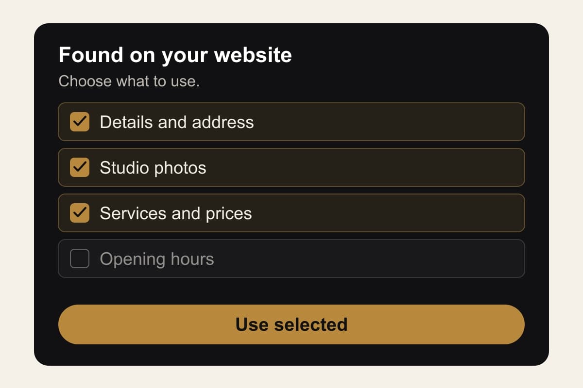 Illustration of the imported information review: details and address, photos and services selected; opening hours unselected.