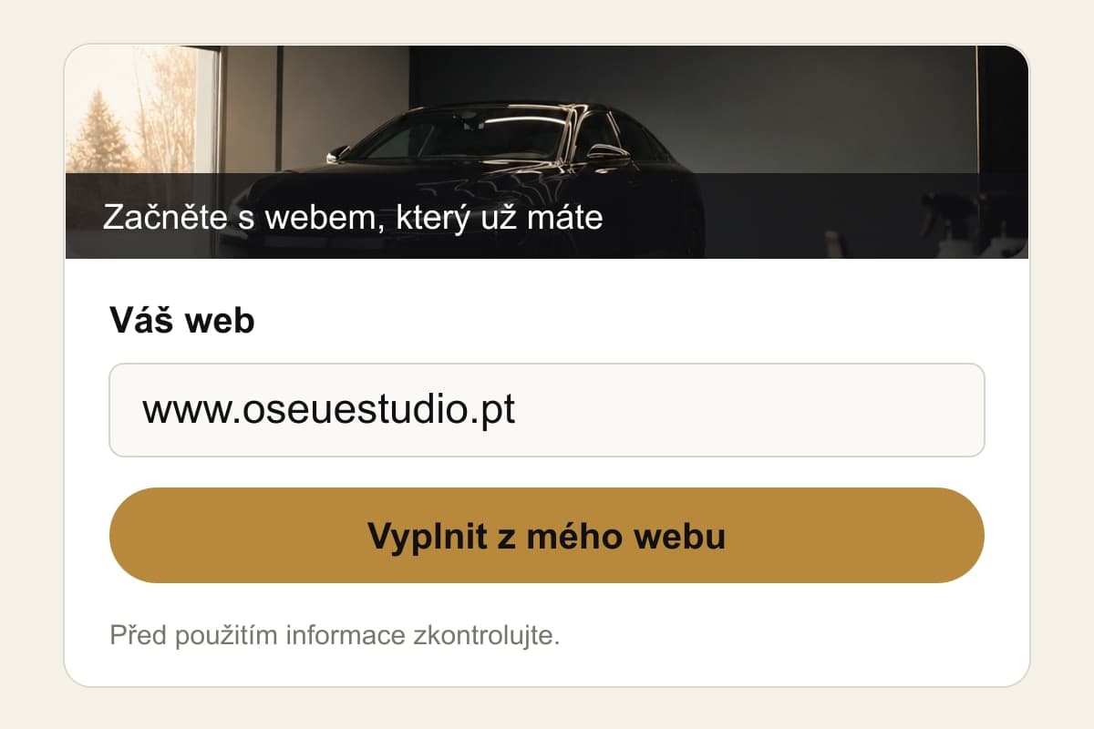 Ilustrace pole Váš web s adresou www.oseuestudio.pt a tlačítkem Vyplnit z mého webu.