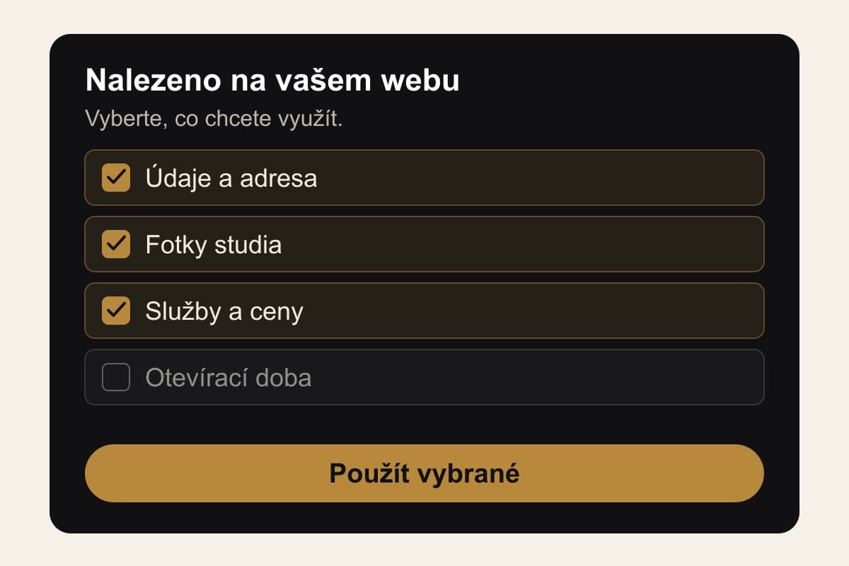 Ilustrace kontroly importovaných údajů: vybrané údaje a adresa, fotografie a služby; nevybraná otevírací doba.