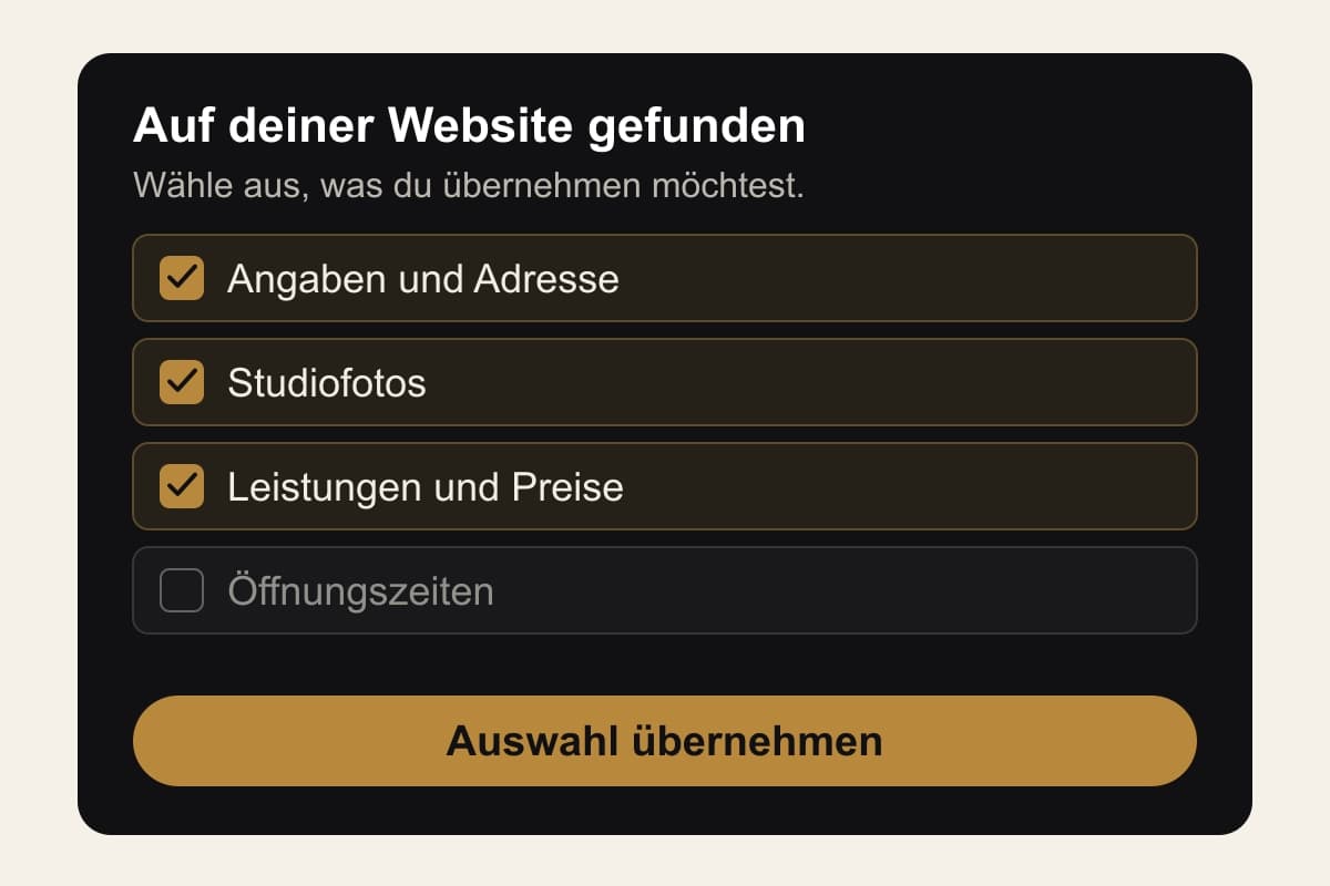 Illustration der Importprüfung: Angaben und Adresse, Fotos sowie Leistungen sind ausgewählt; Öffnungszeiten sind abgewählt.