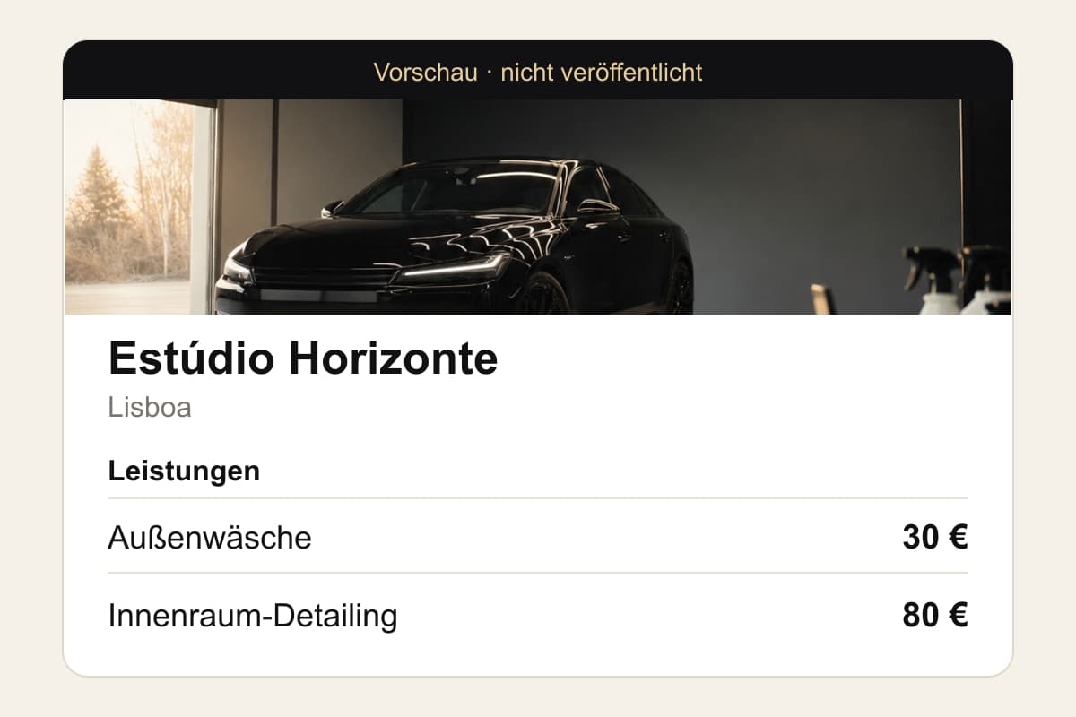 Beispielseite für Estúdio Horizonte mit Titelbild, Standort und zwei Leistungen samt Preisen, noch in der Vorschau.