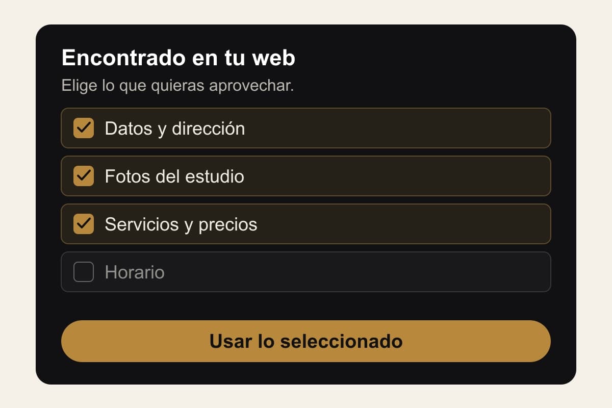 Ilustración de la revisión de datos importados: datos y dirección, fotos y servicios seleccionados; horario sin seleccionar.