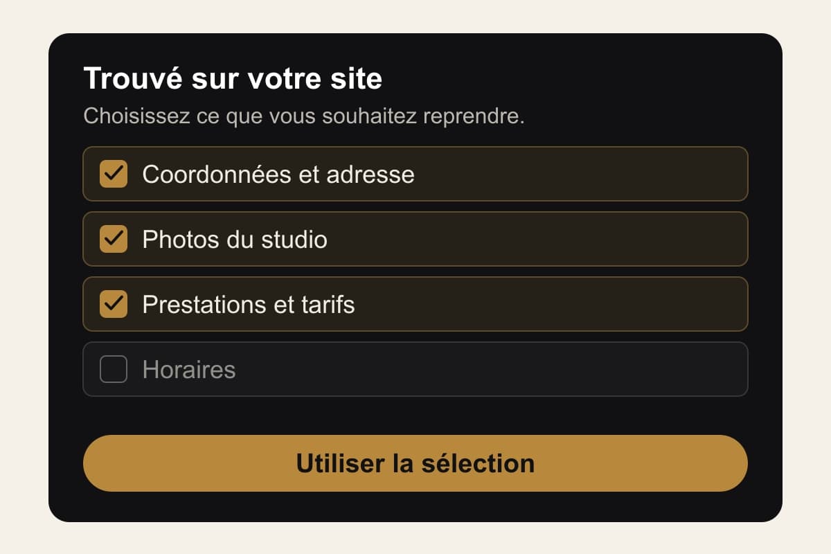 Illustration de la vérification des informations importées : coordonnées et adresse, photos et prestations sélectionnées ; horaires non sélectionnés.