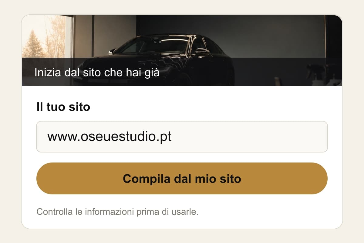 Illustrazione del campo Il tuo sito con www.oseuestudio.pt e del pulsante Compila dal mio sito.