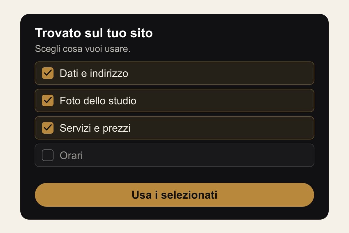 Illustrazione della revisione dei dati importati: dati e indirizzo, foto e servizi selezionati; orari non selezionati.