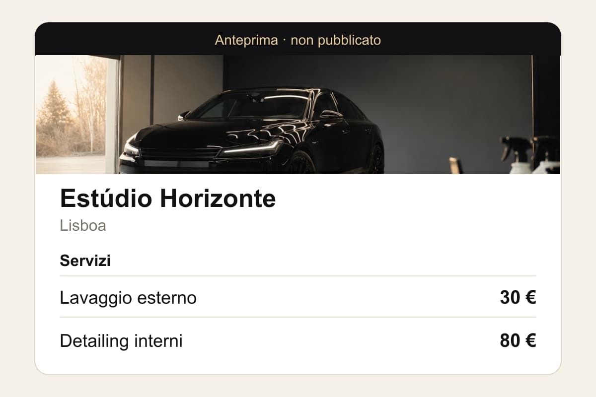 Pagina di esempio di Estúdio Horizonte, con foto di copertina, località e due servizi con prezzi, ancora in anteprima.