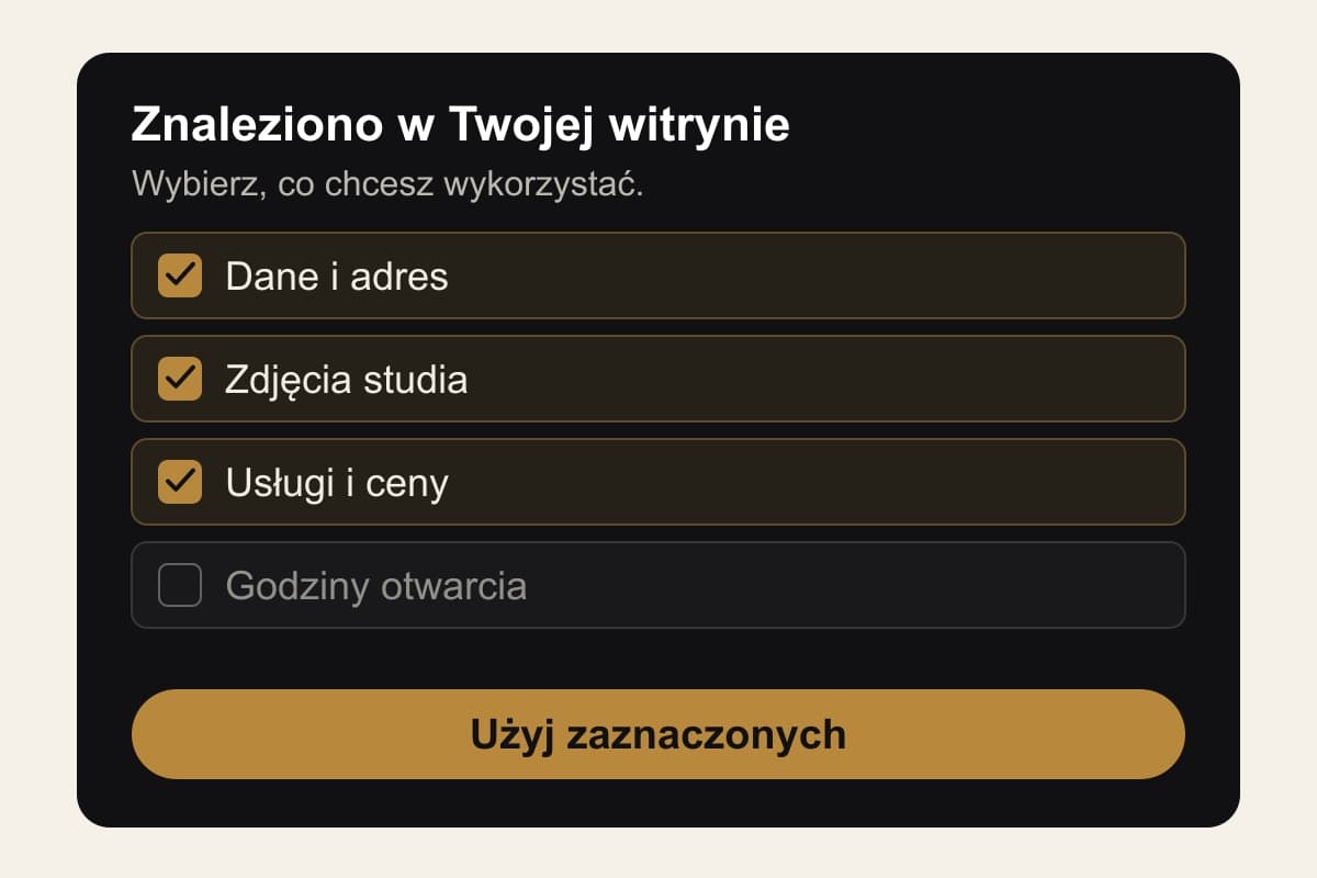 Ilustracja przeglądu importowanych danych: zaznaczone dane i adres, zdjęcia oraz usługi; godziny otwarcia niezaznaczone.