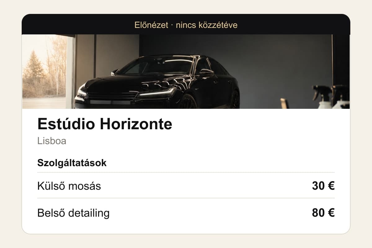 Az Estúdio Horizonte példaoldala borítóképpel, helyszínnel és két árazott szolgáltatással, még előnézetben.