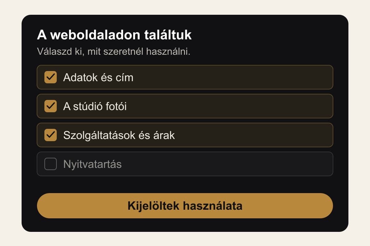 Az importált adatok ellenőrzésének illusztrációja: adatok és cím, fotók és szolgáltatások kijelölve; nyitvatartás nincs kijelölve.