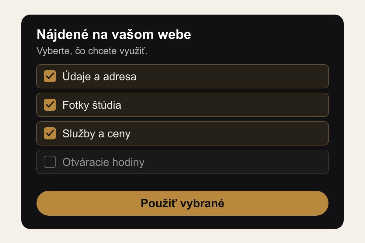 Ilustrácia kontroly importovaných údajov: vybrané údaje a adresa, fotky a služby; nevybrané otváracie hodiny.