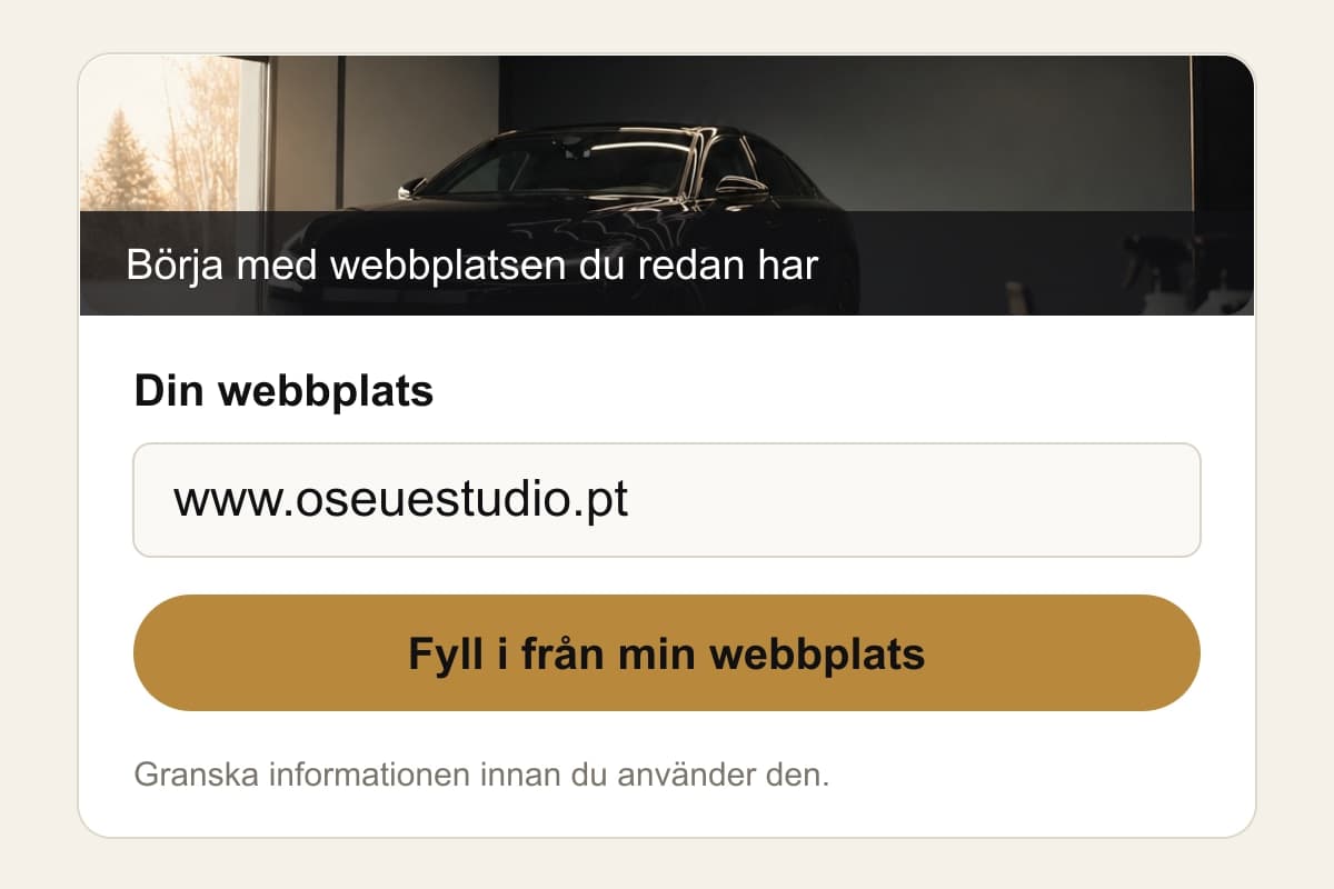 Illustration av fältet Din webbplats med www.oseuestudio.pt och knappen Fyll i från min webbplats.