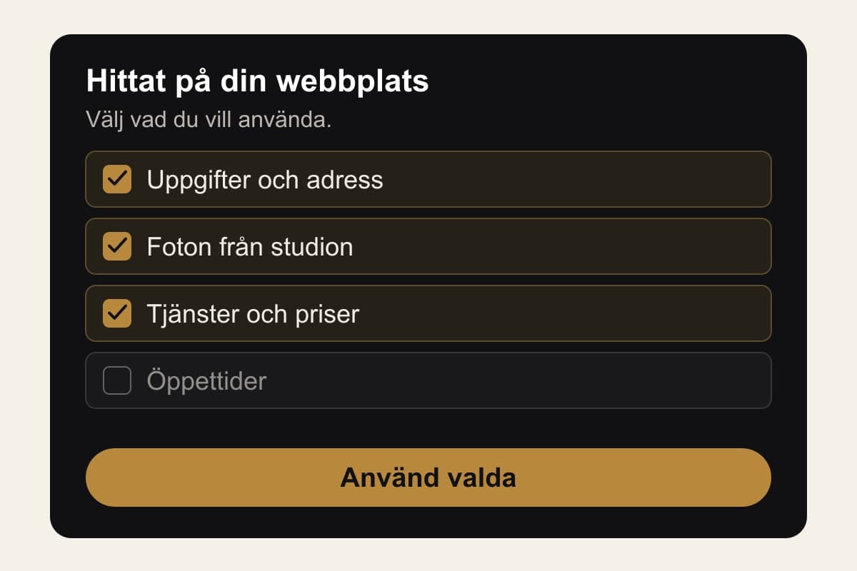Illustration av granskningen av importerade uppgifter: uppgifter och adress, foton och tjänster markerade; öppettider avmarkerade.