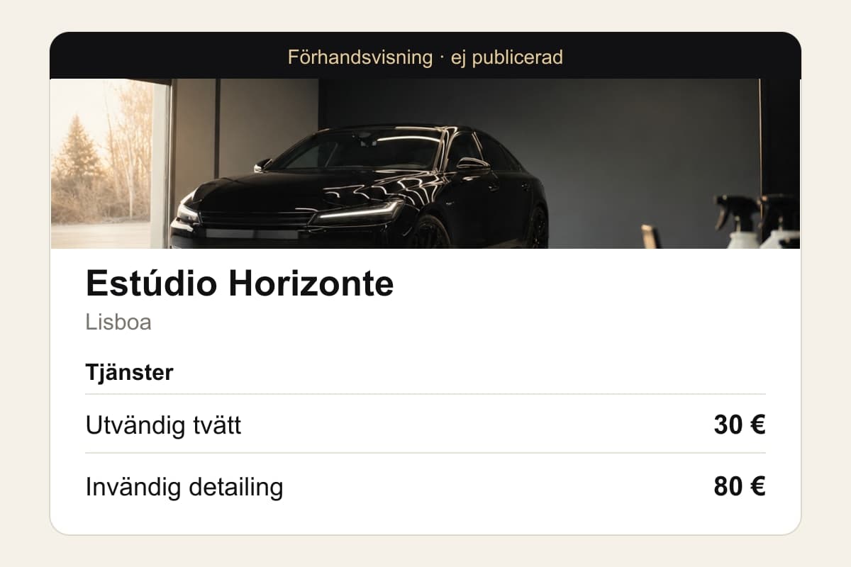 Exempelsida för Estúdio Horizonte med omslagsbild, plats och två prissatta tjänster, fortfarande i förhandsvisning.