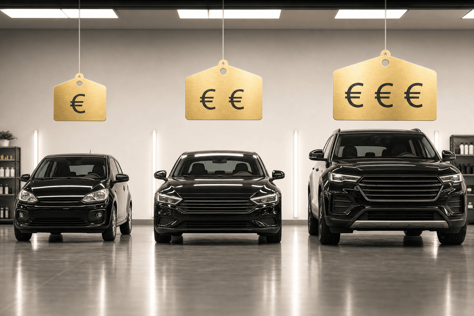 A small car, a saloon and an SUV side by side, each under a gold price tag with more currency signs as the car gets bigger