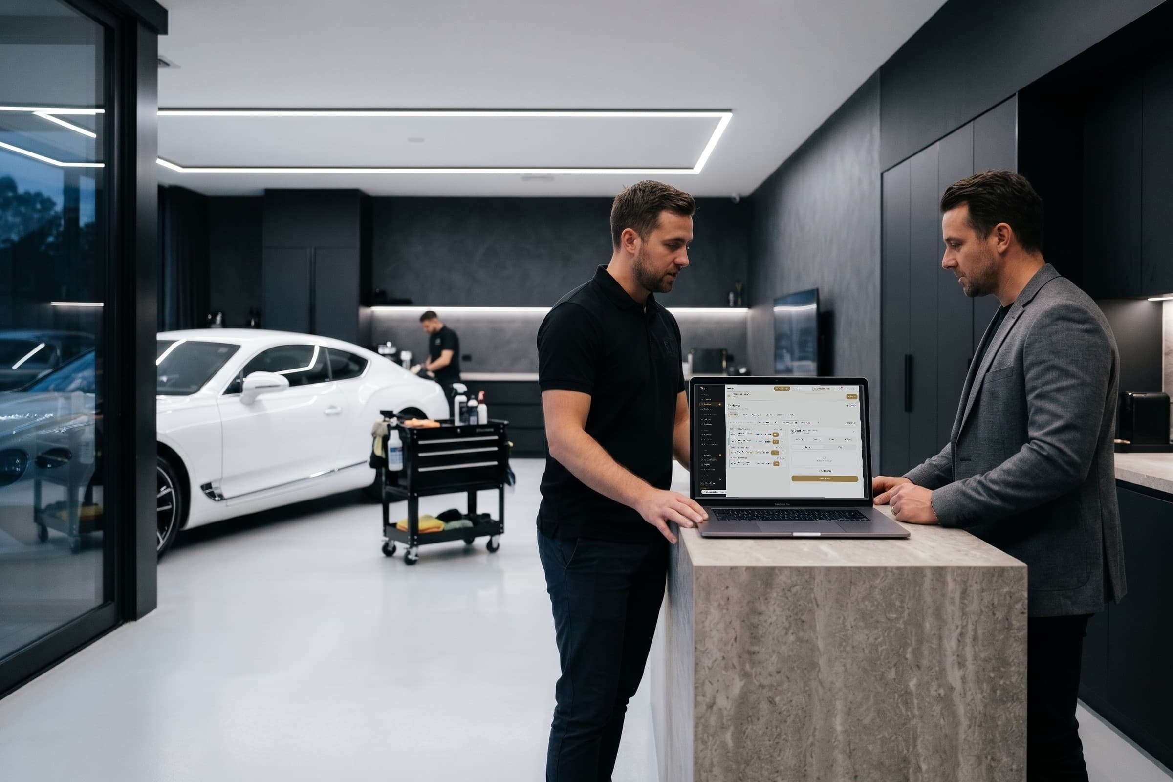Profissional e cliente consultam uma marcação no detailmasters num portátil sobre o balcão de um estúdio de detalhe automóvel.