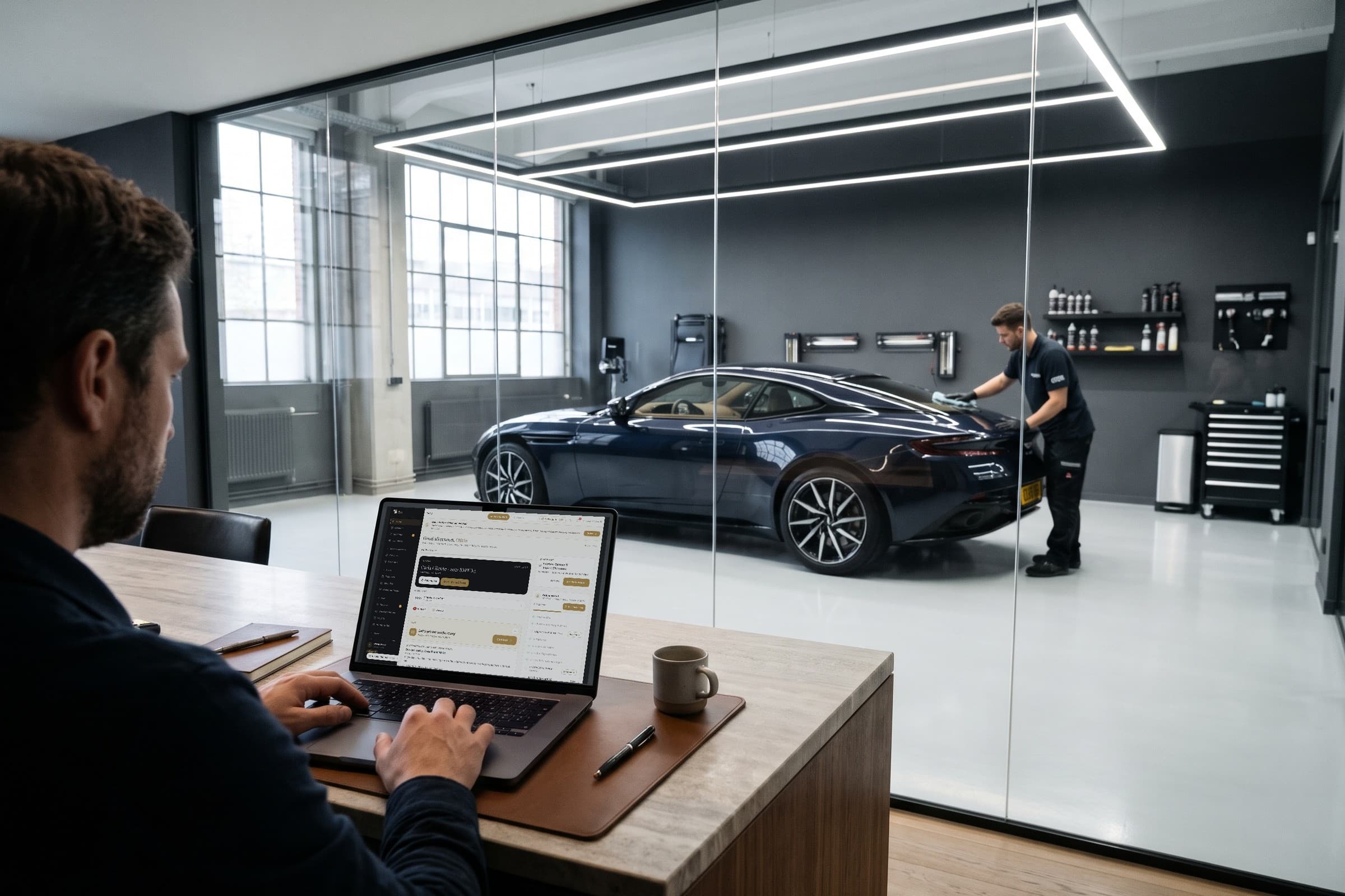 Dono de um estúdio utiliza o painel do detailmasters num portátil, junto à divisória de vidro que permite acompanhar o trabalho num automóvel.