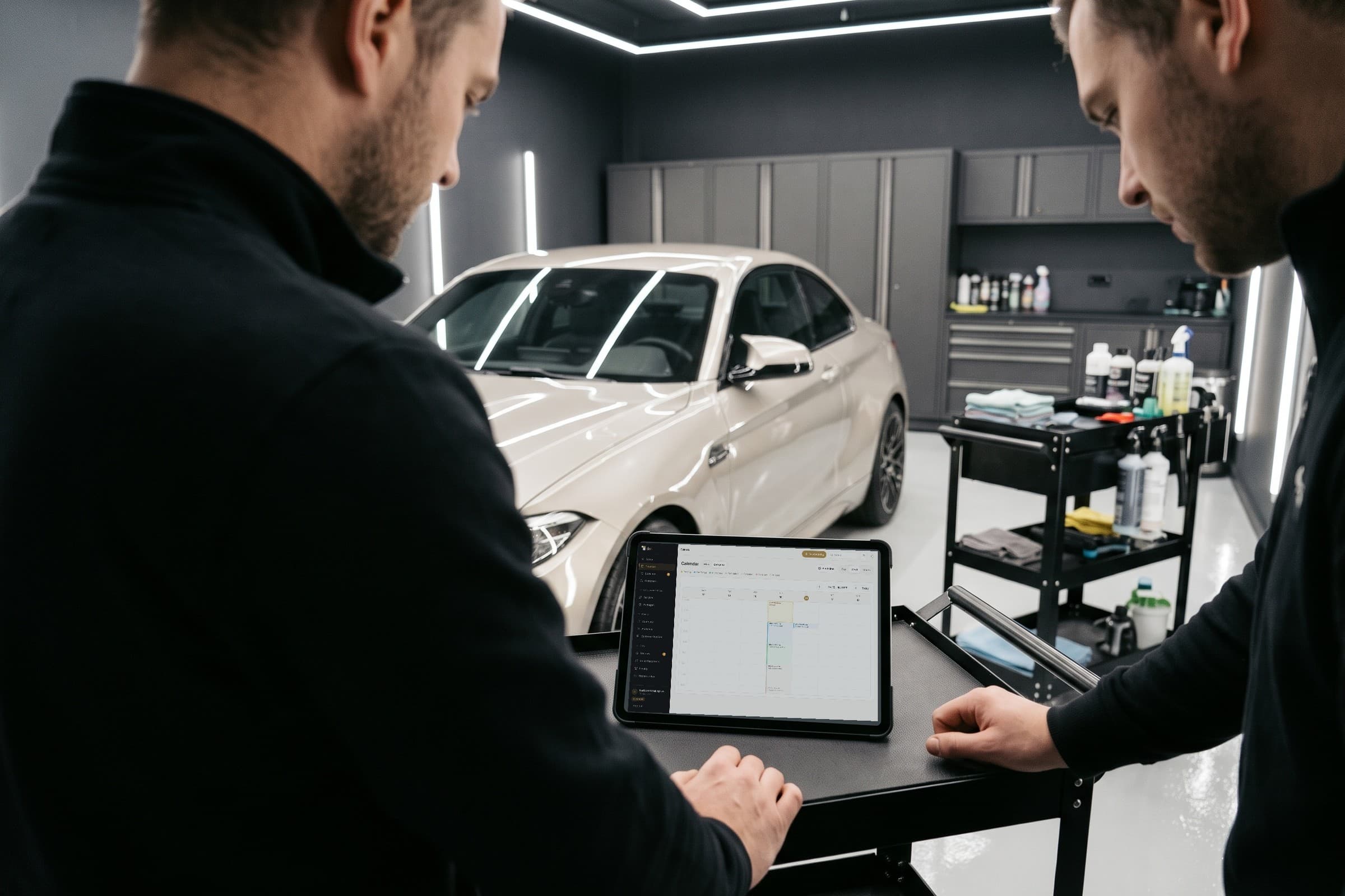 Two professionals check the detailmasters calendar on a tablet beside a car in an organised detailing studio.