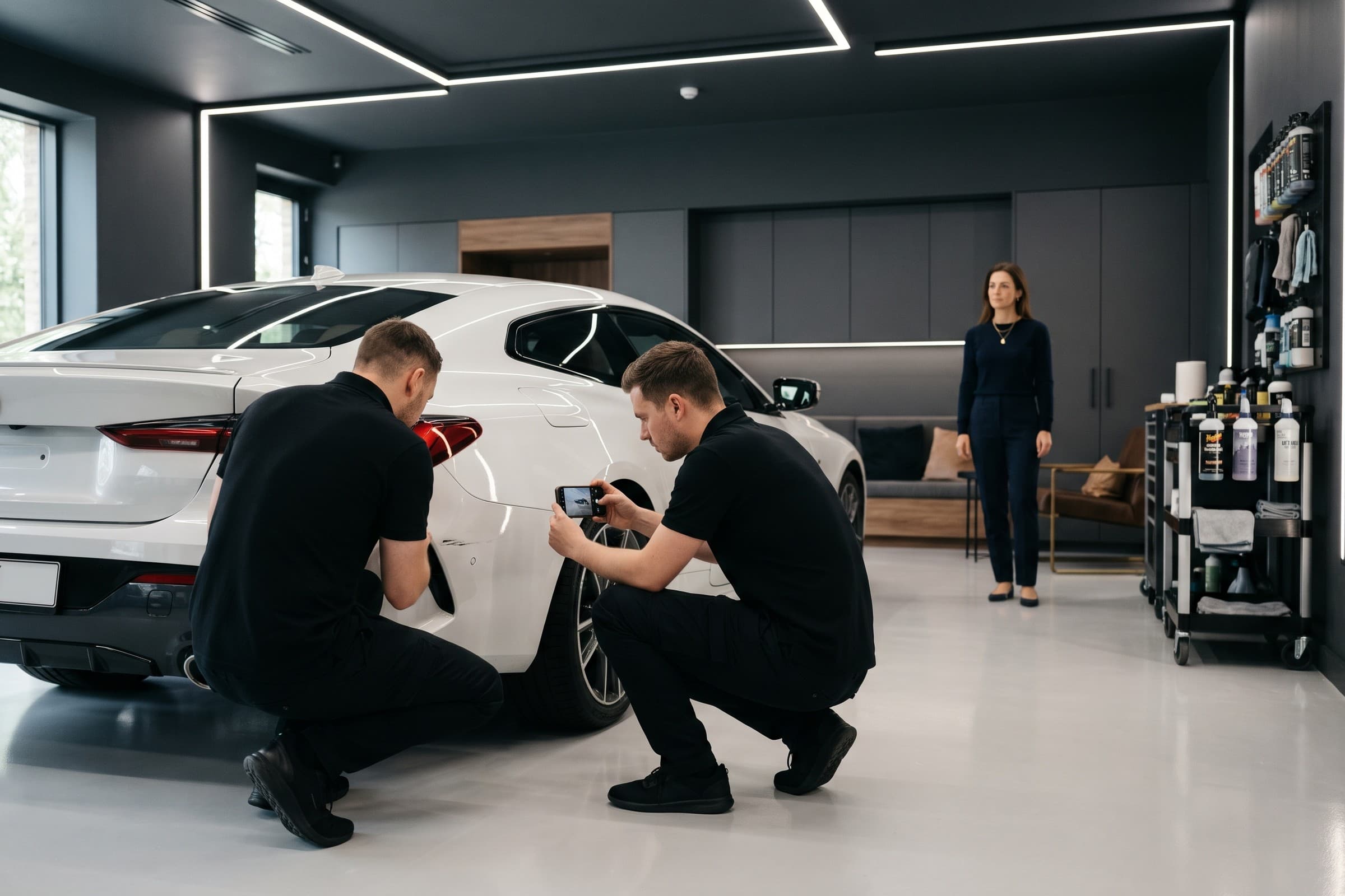 A studio team photographs marks on a rear bumper before the service, with the customer present.