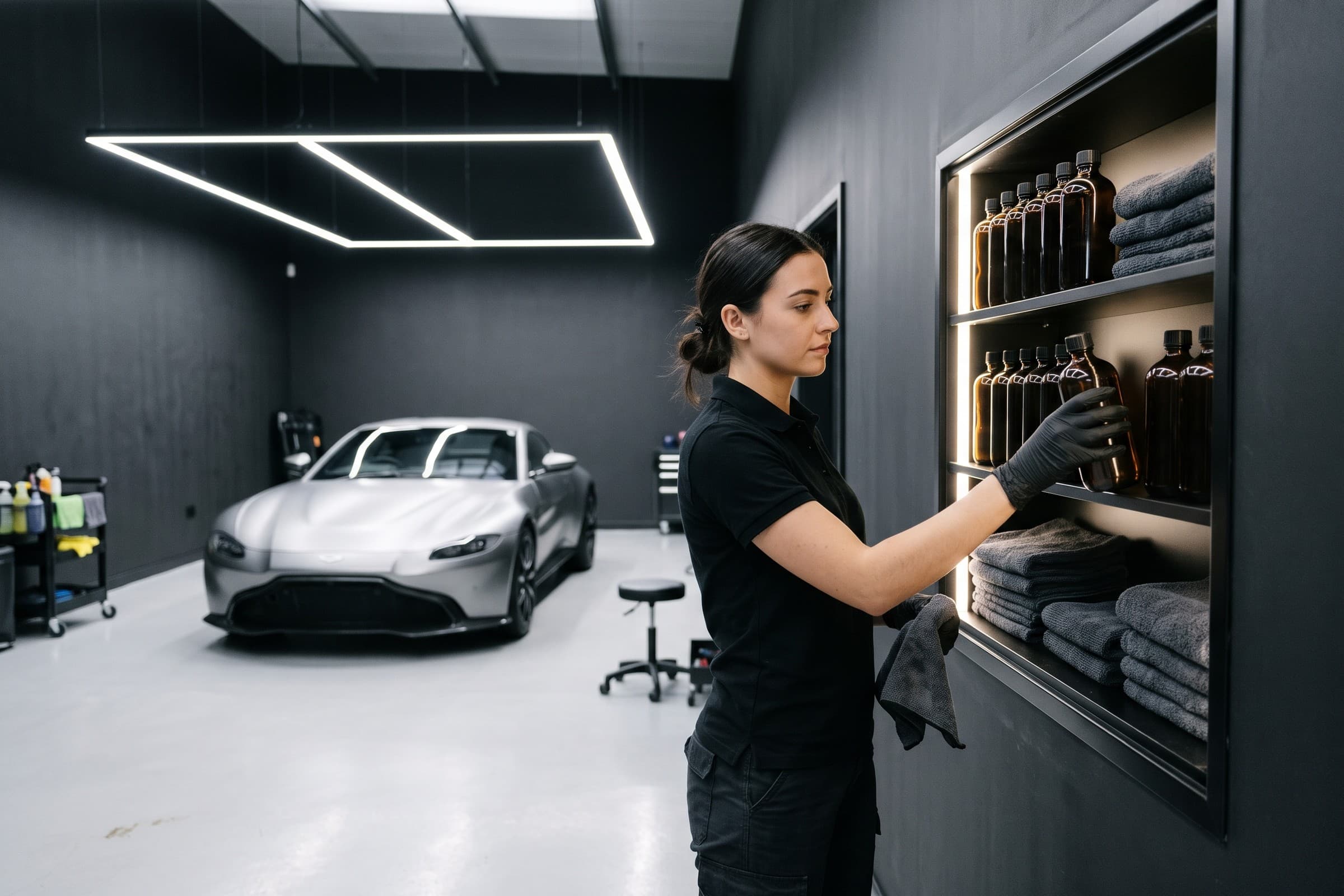 A professional takes a product from an organised cabinet of bottles and microfibre cloths in a car detailing studio.