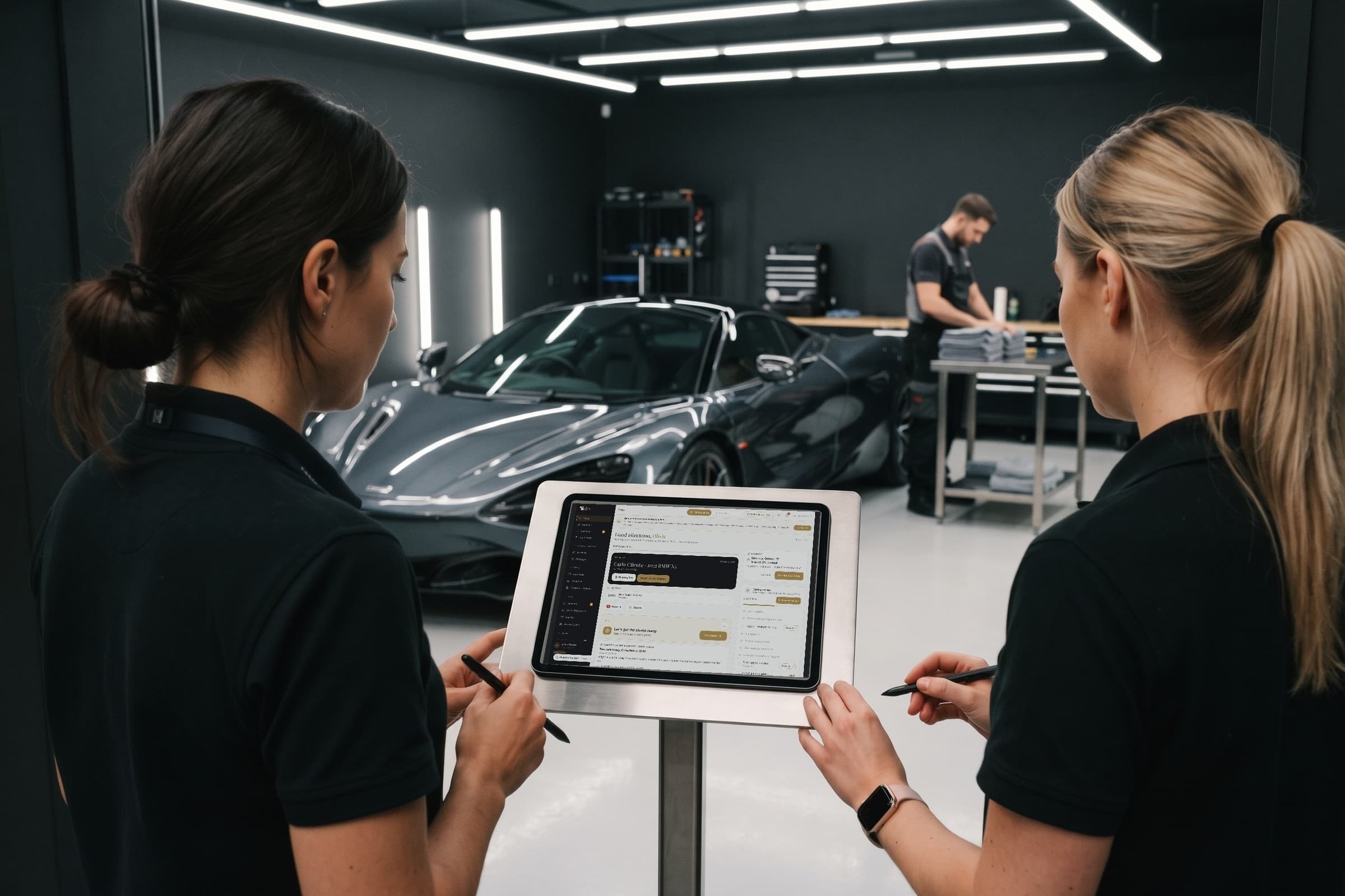 Two professionals check the day's detailmasters dashboard on a tablet while a colleague prepares a work bay.