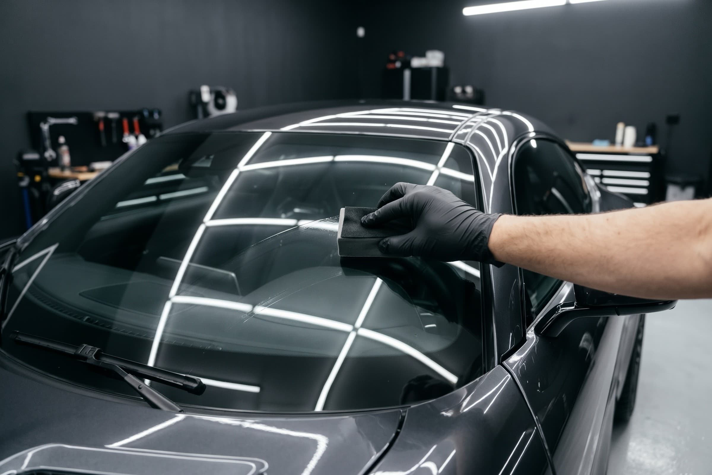 A gloved hand applies a treatment to a car windscreen with a dedicated applicator under inspection lighting.