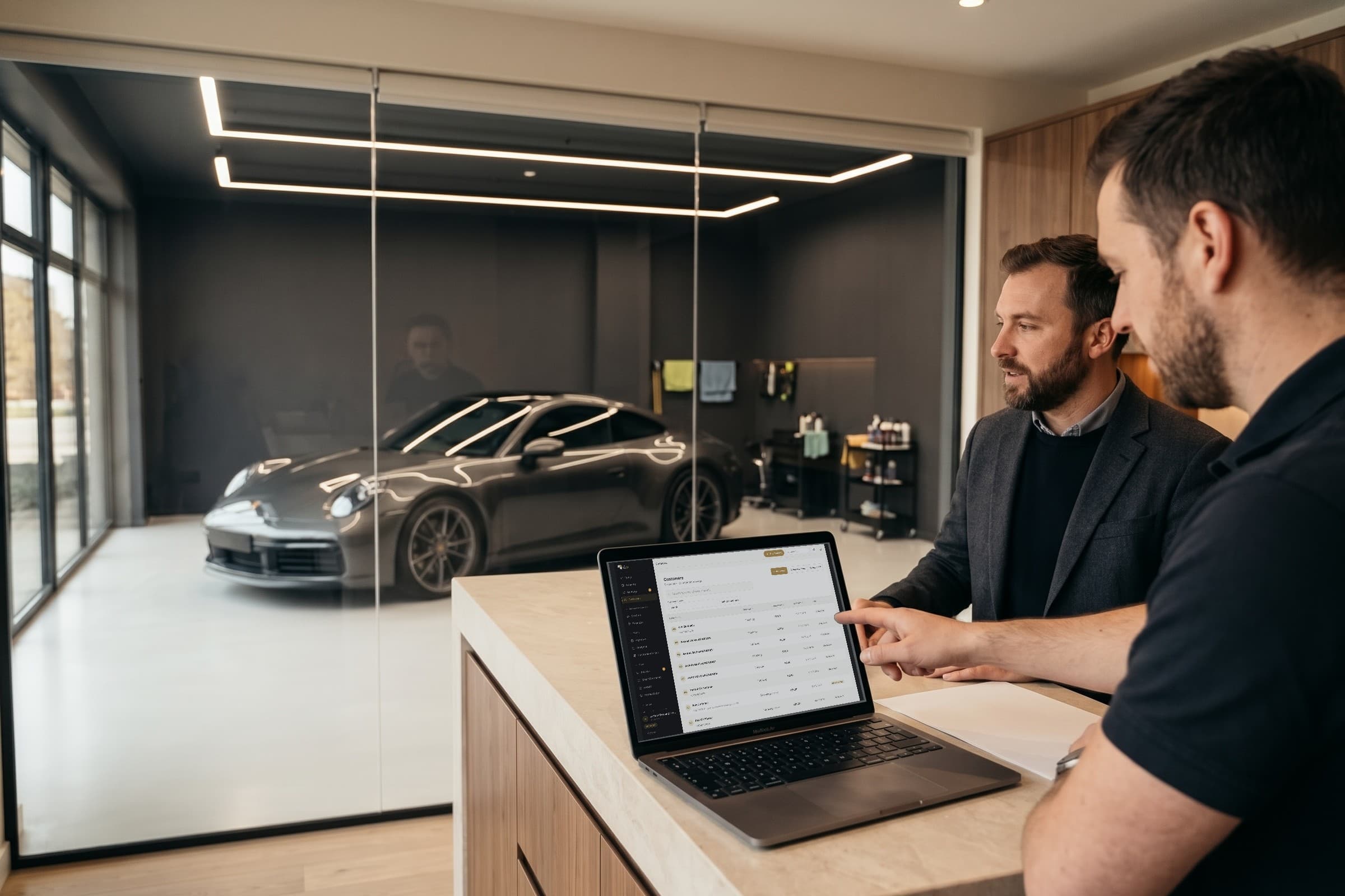 A professional and customer view detailmasters customer records on a laptop at a car detailing studio reception desk.