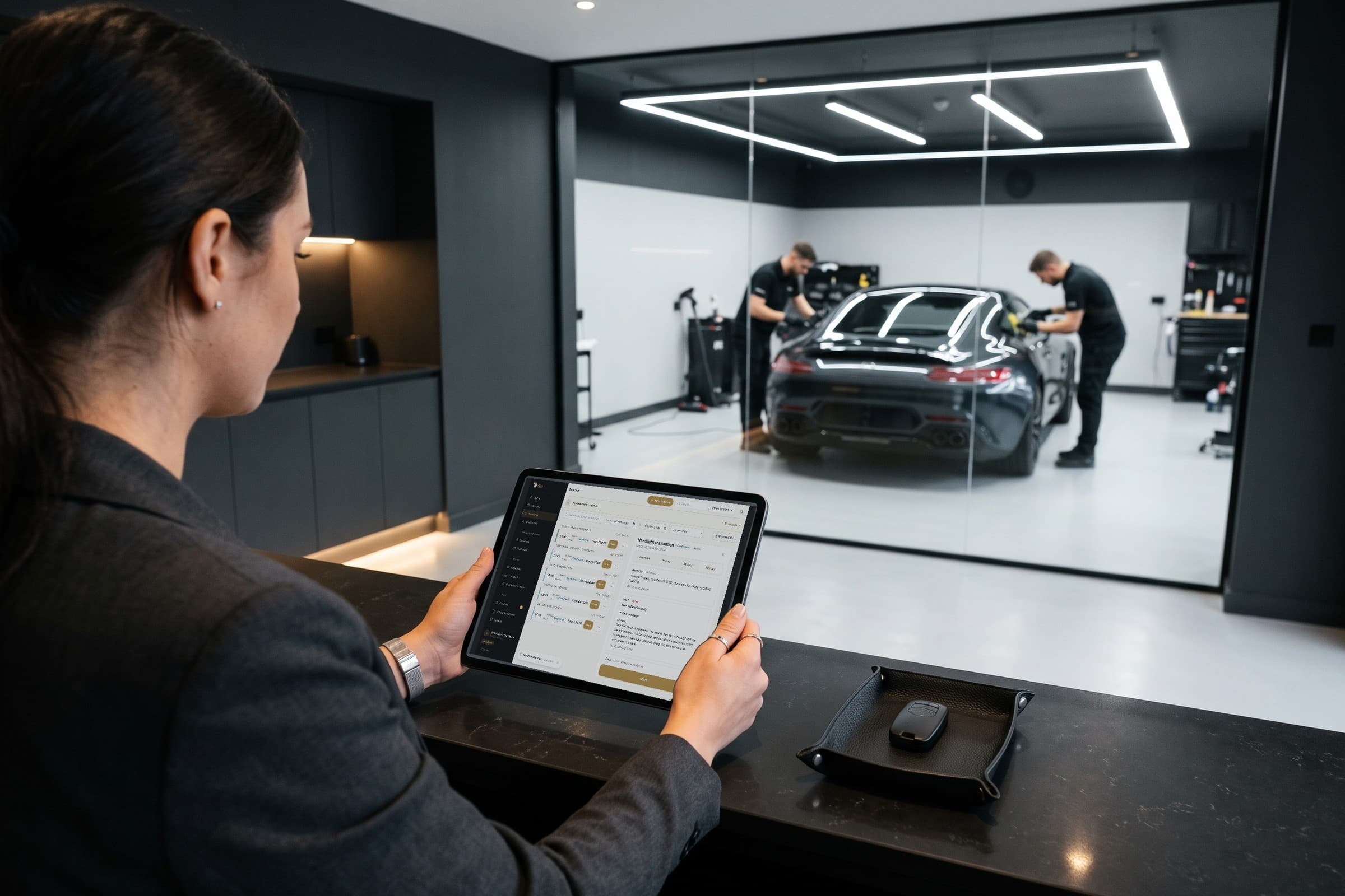 Responsável consulta o histórico de comunicação de uma marcação no detailmasters num tablet, com a chave do automóvel sobre o balcão.